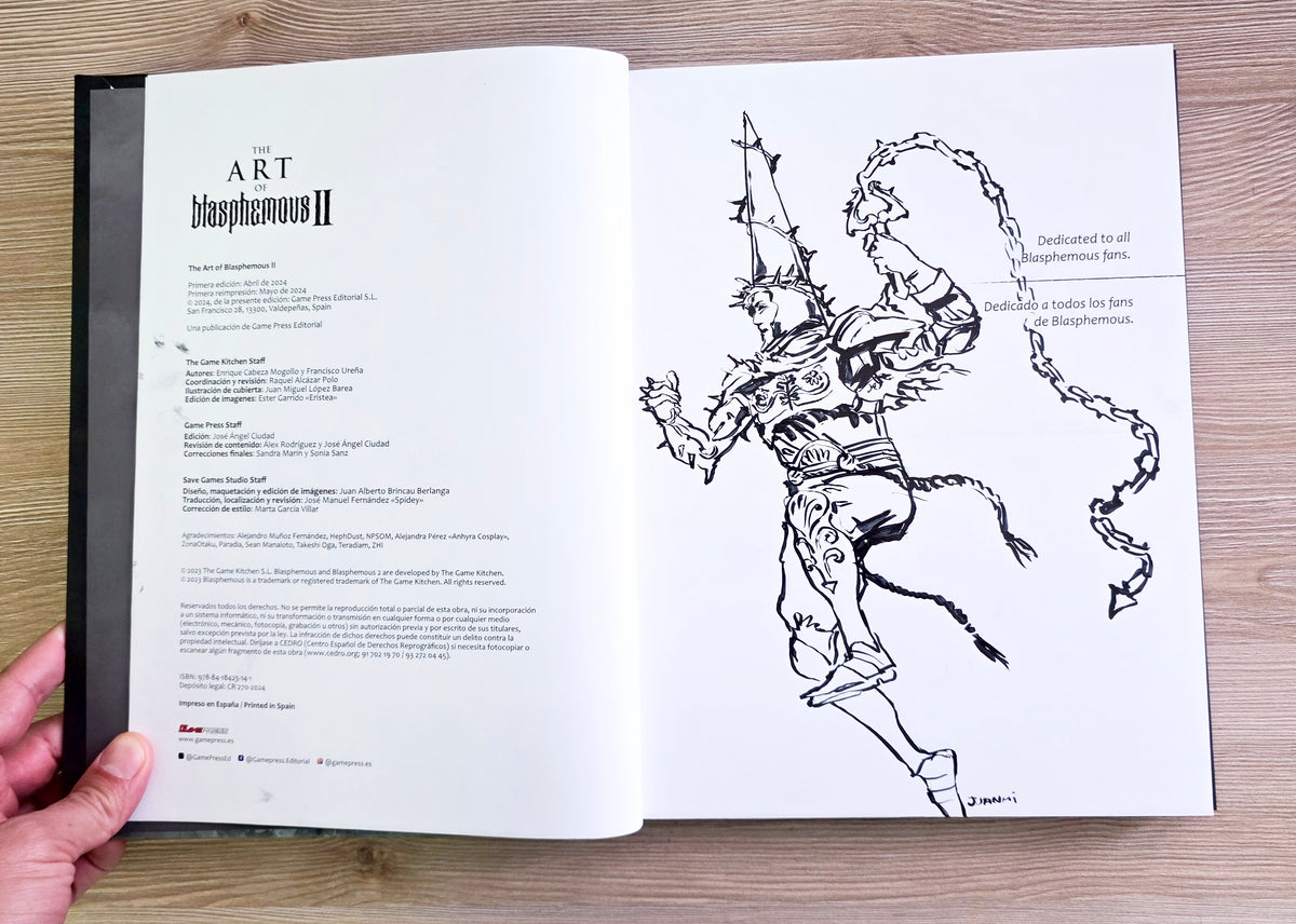Jumping Penitent One. Blasphemous II book with author's ink drawing.